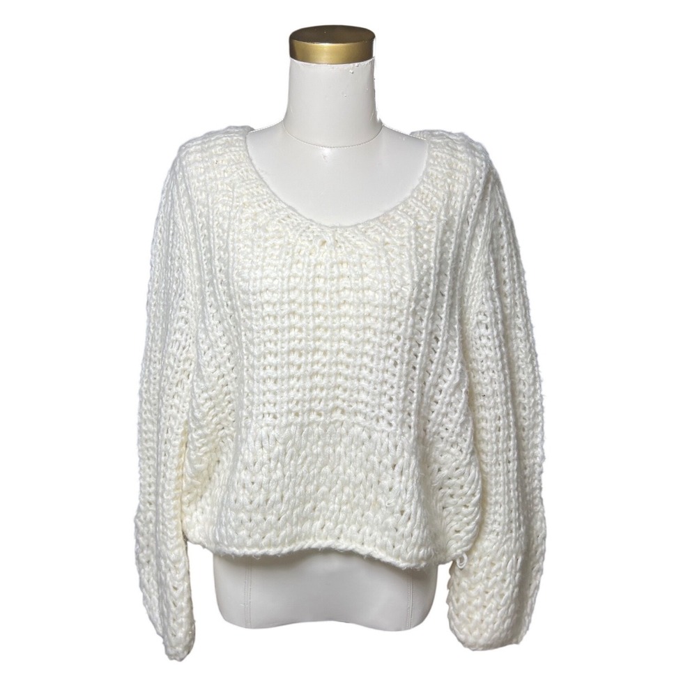 Chunky Knit Scoop Neck Sweater Ivory White Long Balloon Sleeve Pullover I-50436K